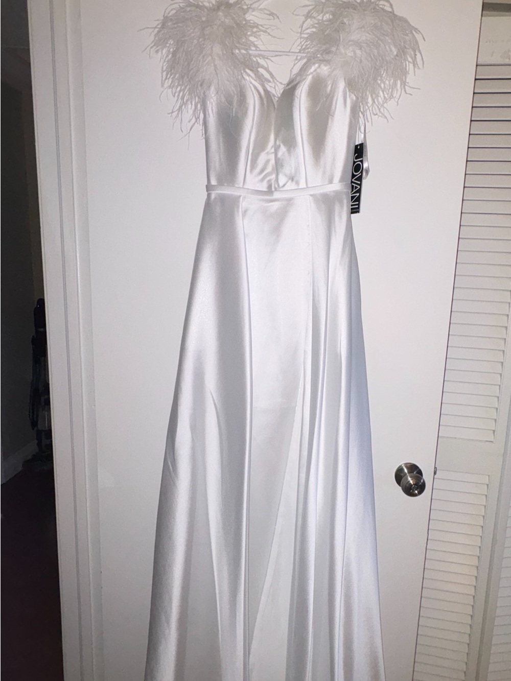 White Satin evening Gown with Feathered Bust